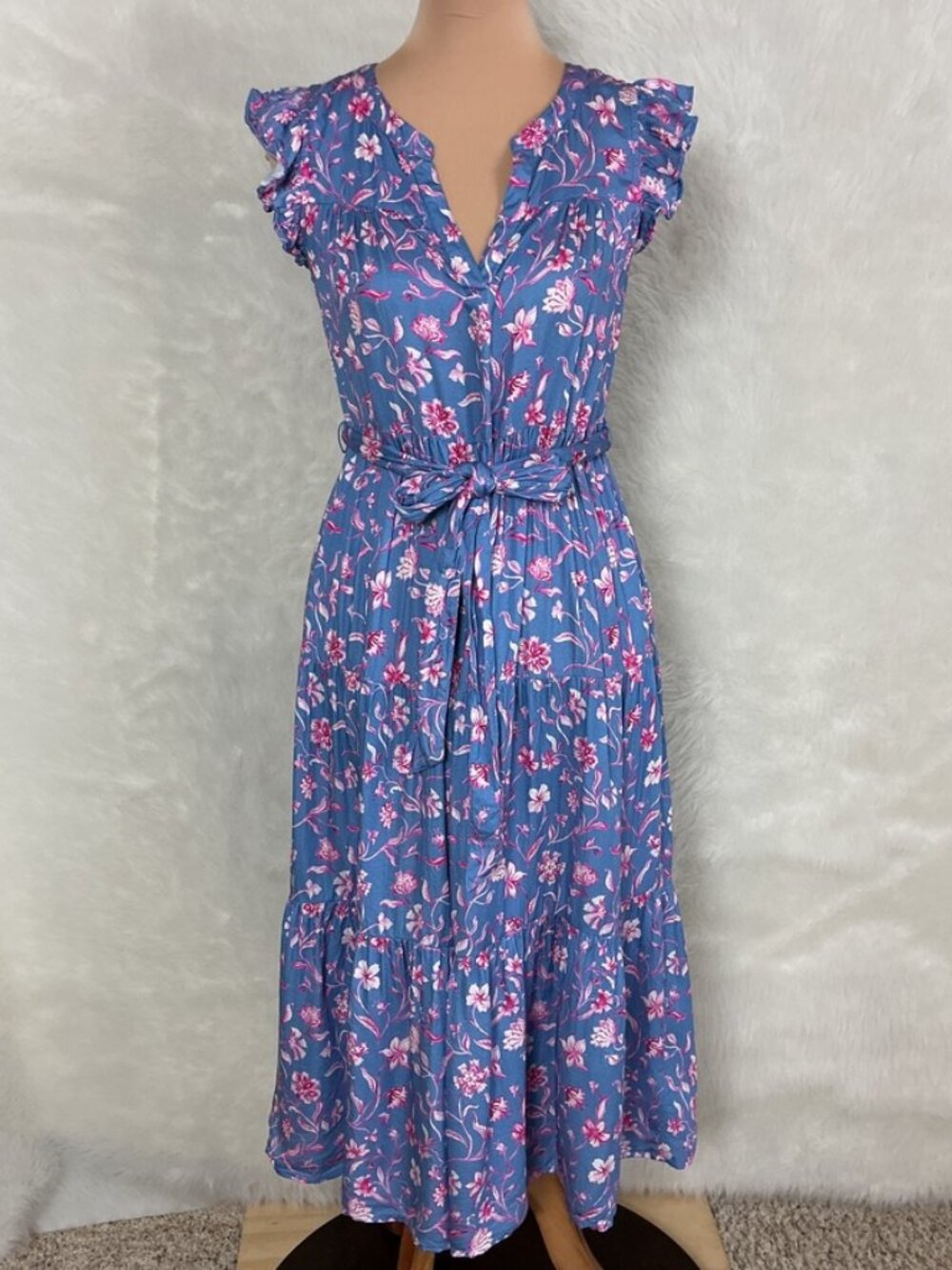 Roller Rabbit Ruffle Sleeve Pink Blue Floral Belted V-Neck Tiered Midi Dress XS
